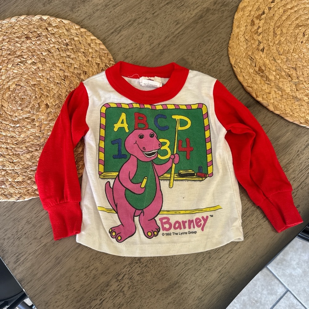 Barneys New York Kids Long-Sleeve Tee in Red and Cream with Barney Graphic